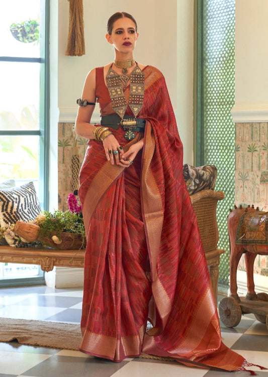 Bollywood actress Kalki Koechlin in red organza saree blouse online designs.