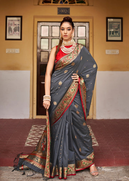 Pure Silk Weaving Grey Saree