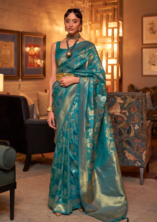 Pure Handloom Banarasi Silk Teal Blue Saree