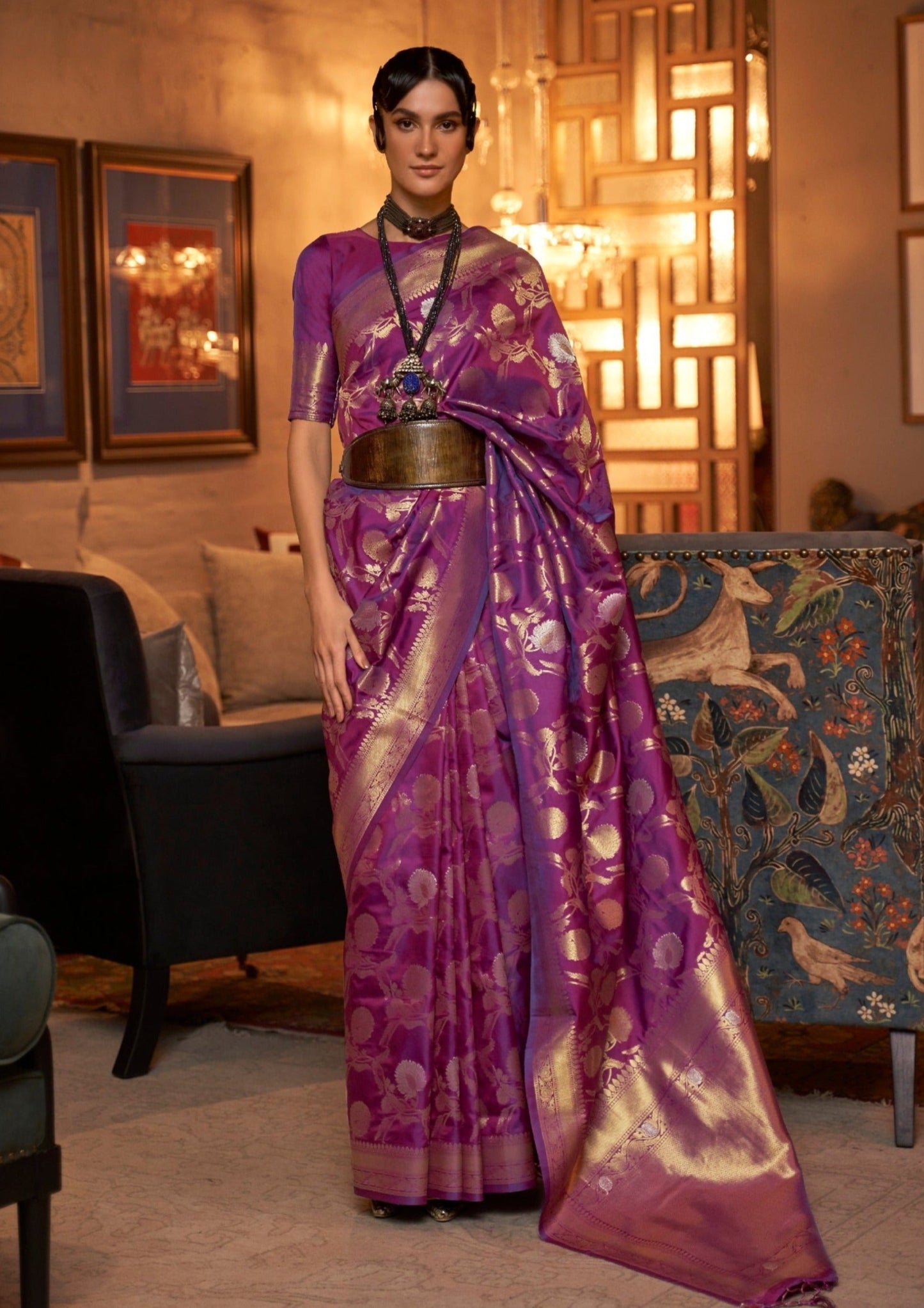 Bridal Banarasi silk magenta pink sarees online.
