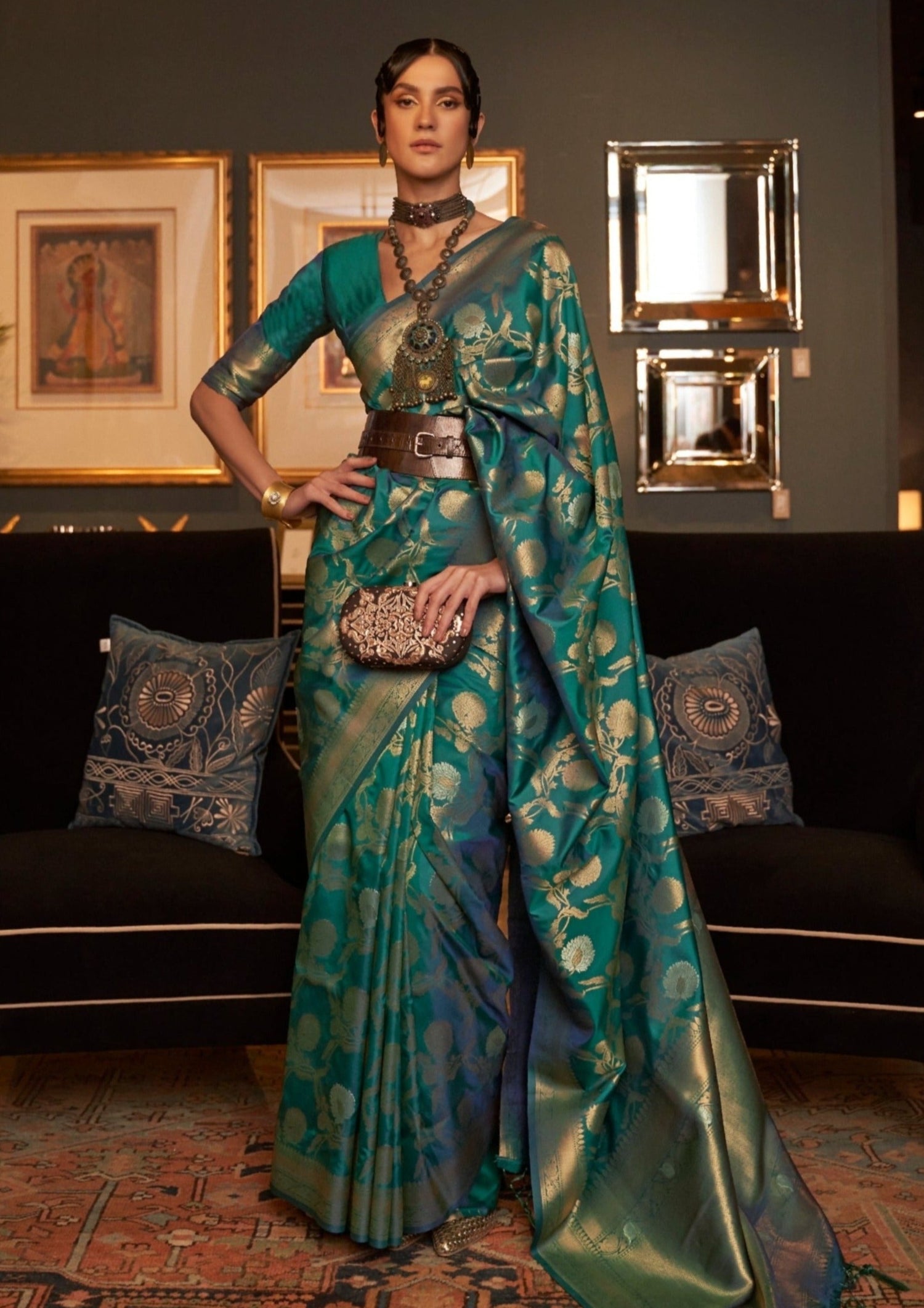 Pure banarasi katan silk green handloom saree online shopping price.
