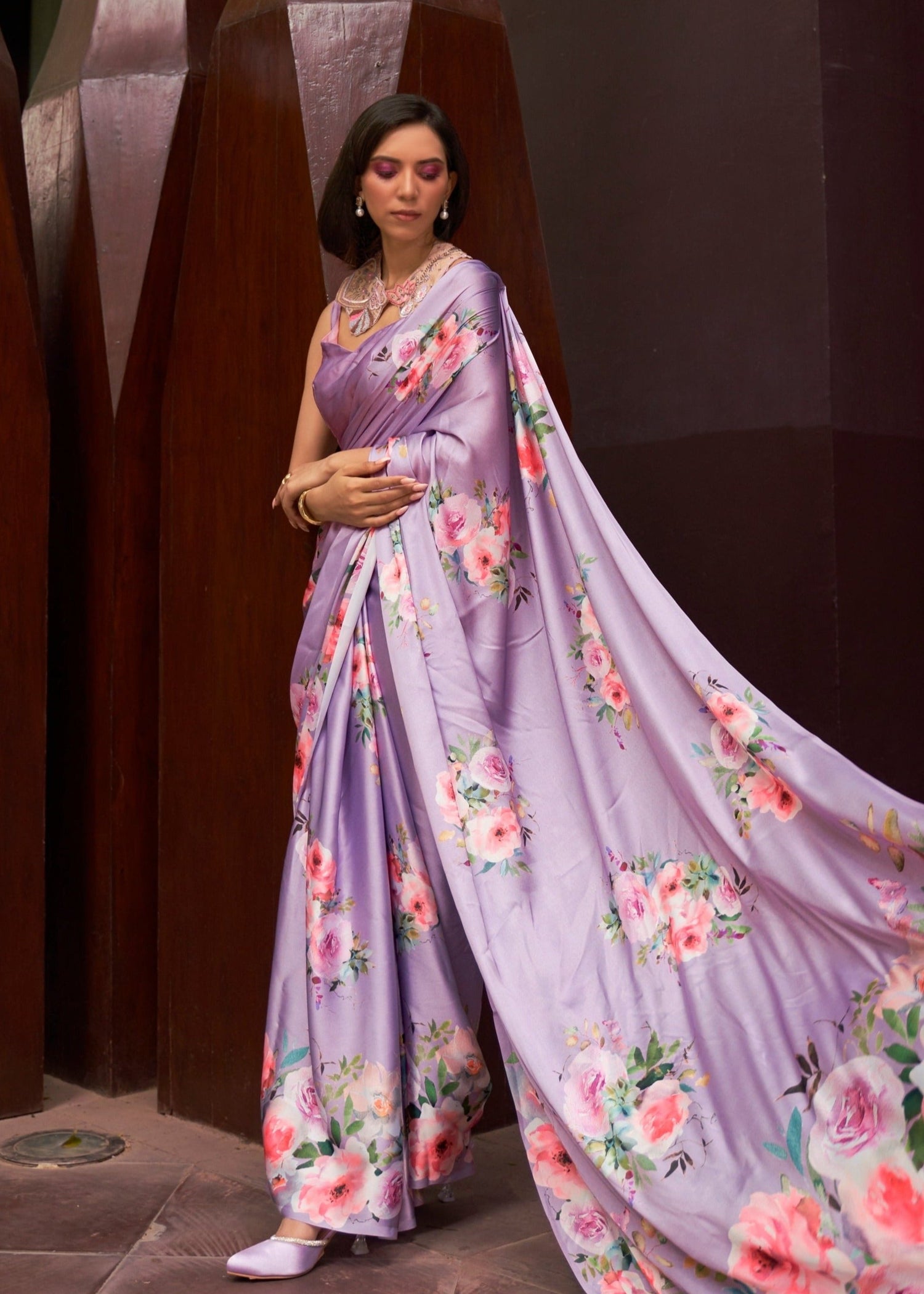Bridesmaids satin saree usa online in lavender purple color.