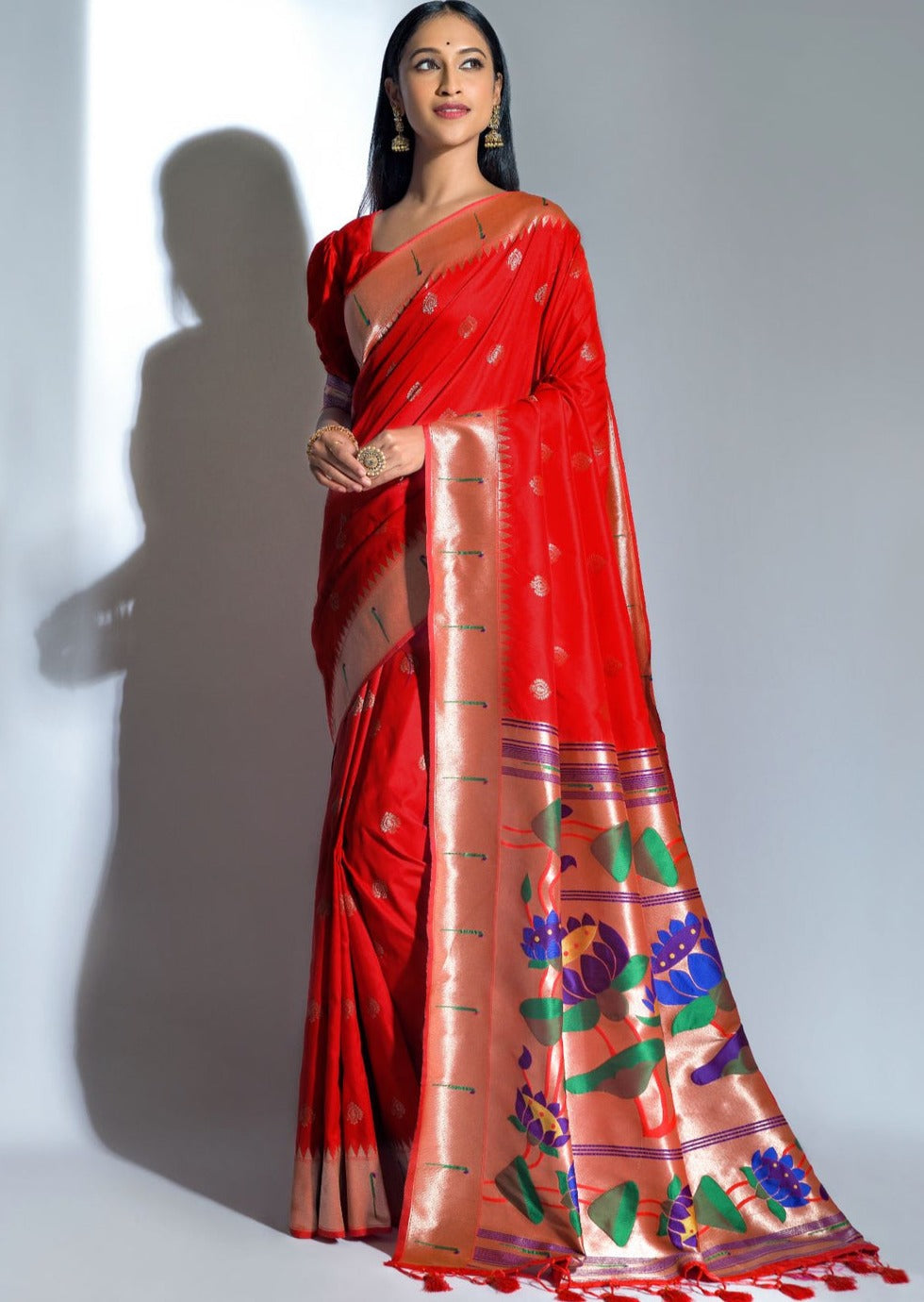 Girl wearing Red Paithani Silk Handloom Saree