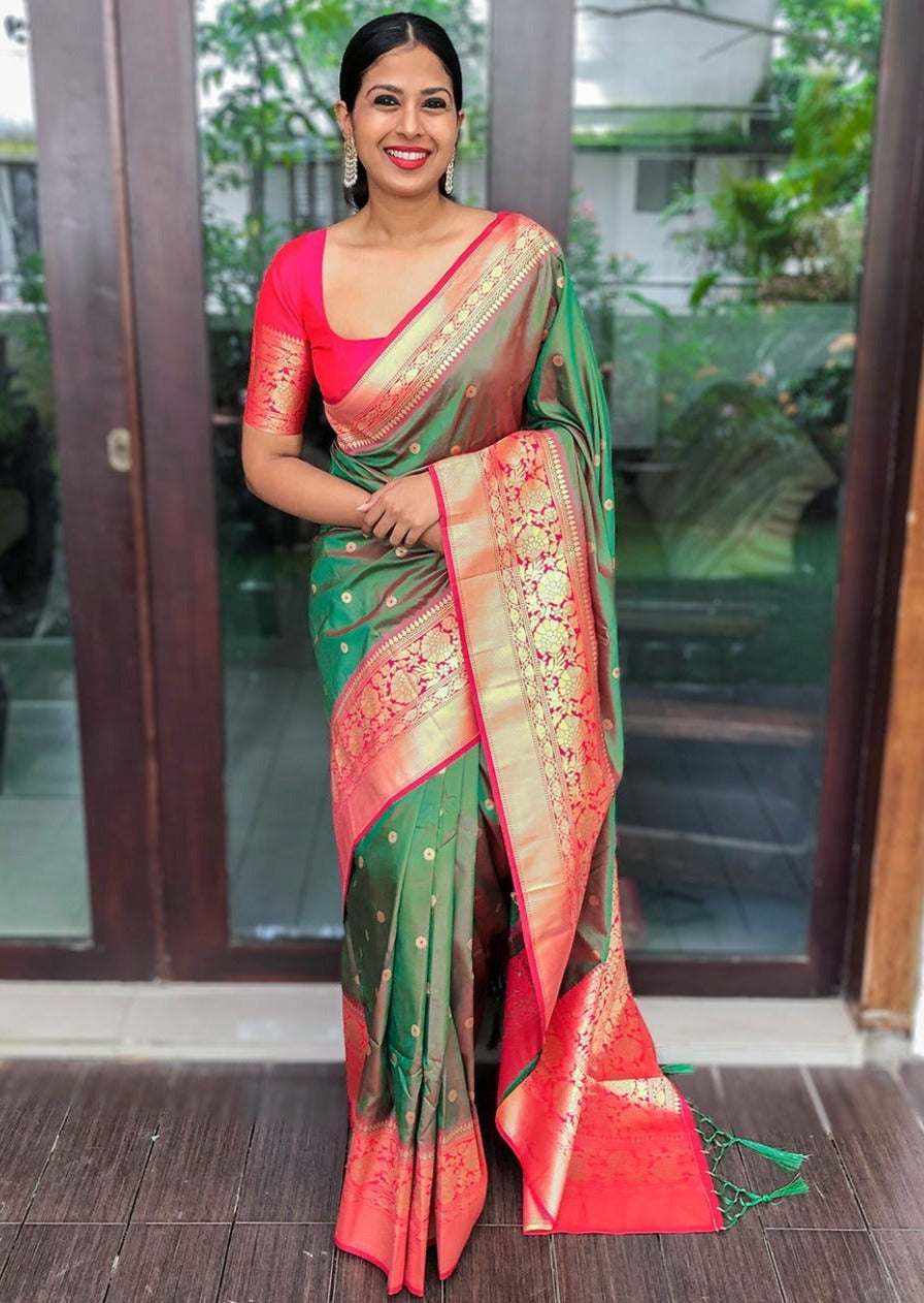 Pure Handloom Weaving Green Banarasi Silk Saree