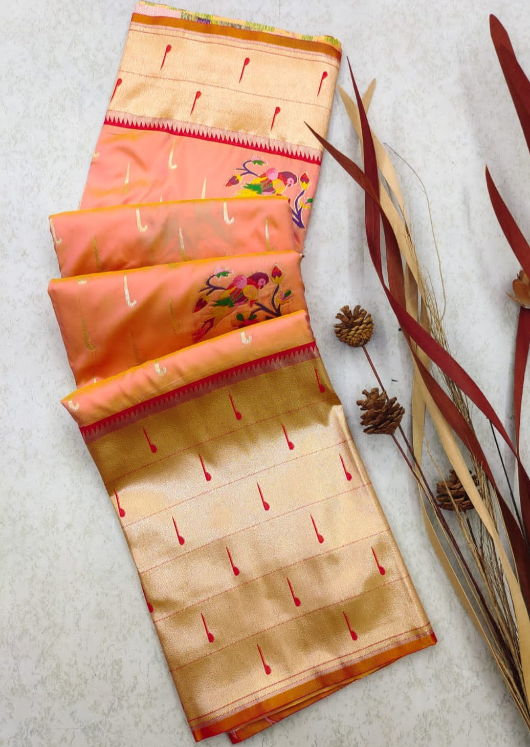 Peach Paithani Silk Handloom Saree zari