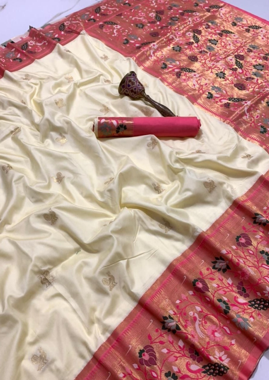 White and pink paithani silk handloom saree online shopping usa uk price.