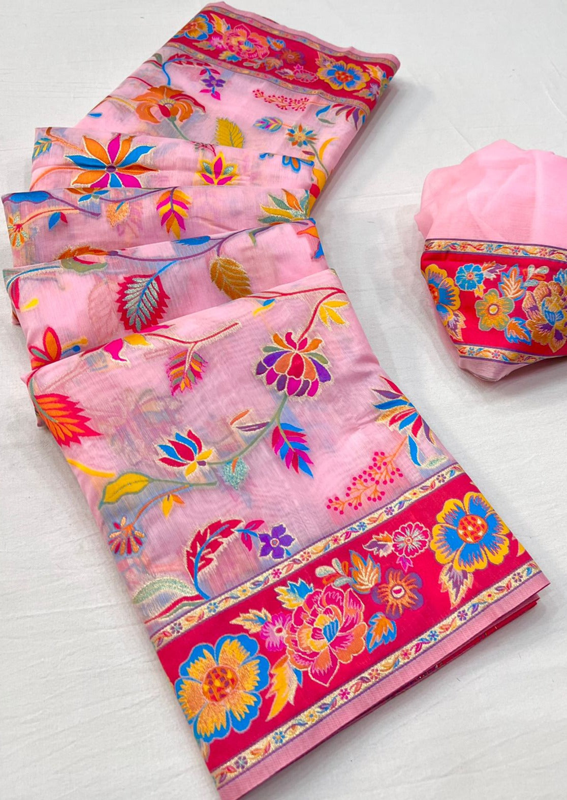 Kashmiri Silk Baby Pink Handloom Saree
