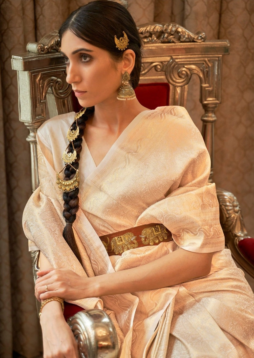 Cream Kanjivaram Silk Handloom Saree