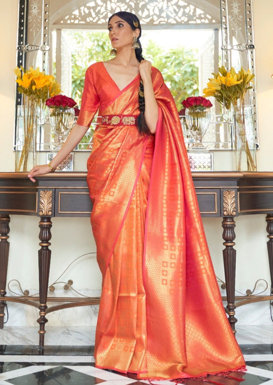 Orange kanjivaram silk handloom saree online usa shopping price.