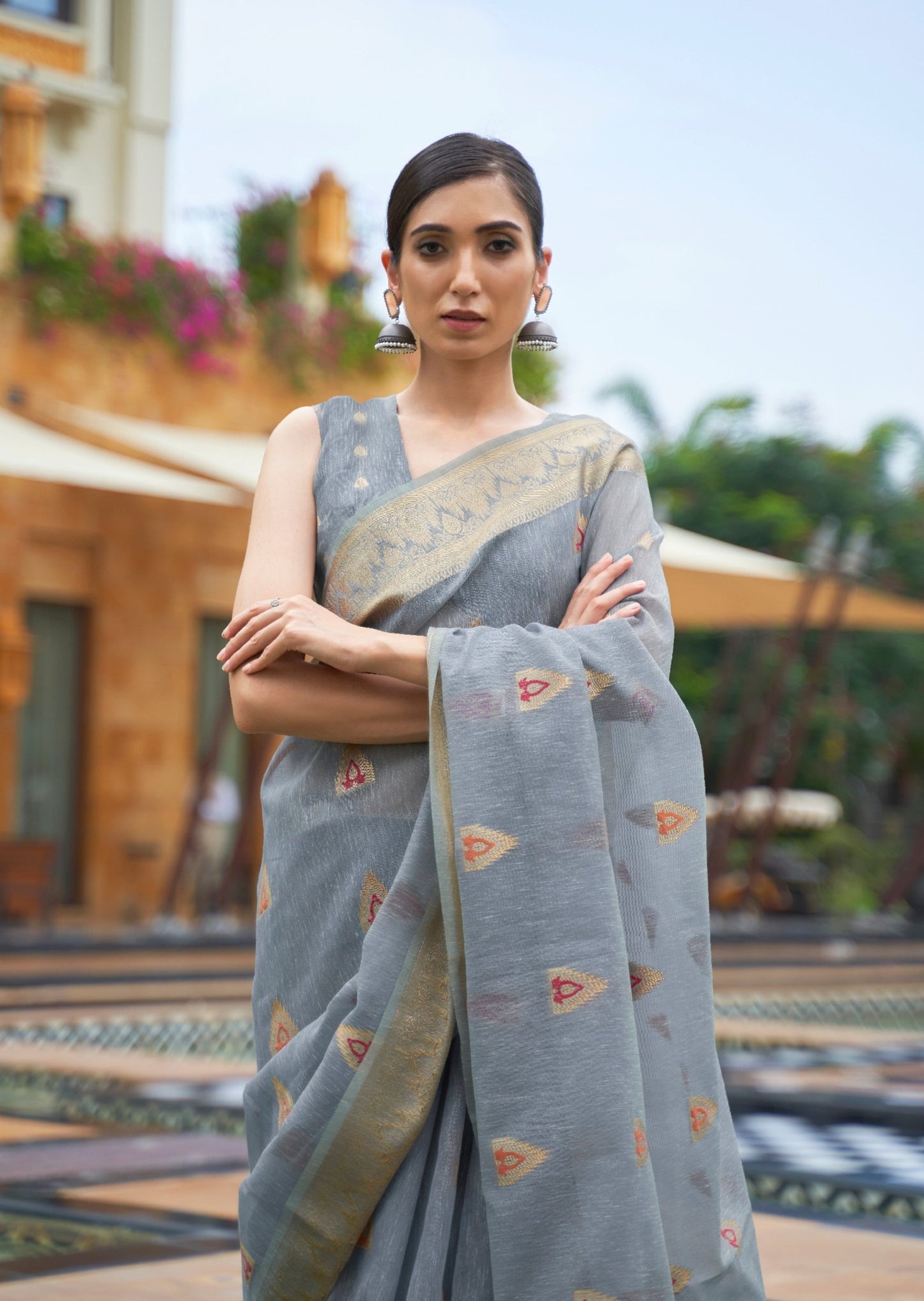 Pure Banarasi Linen Grey Handloom Saree