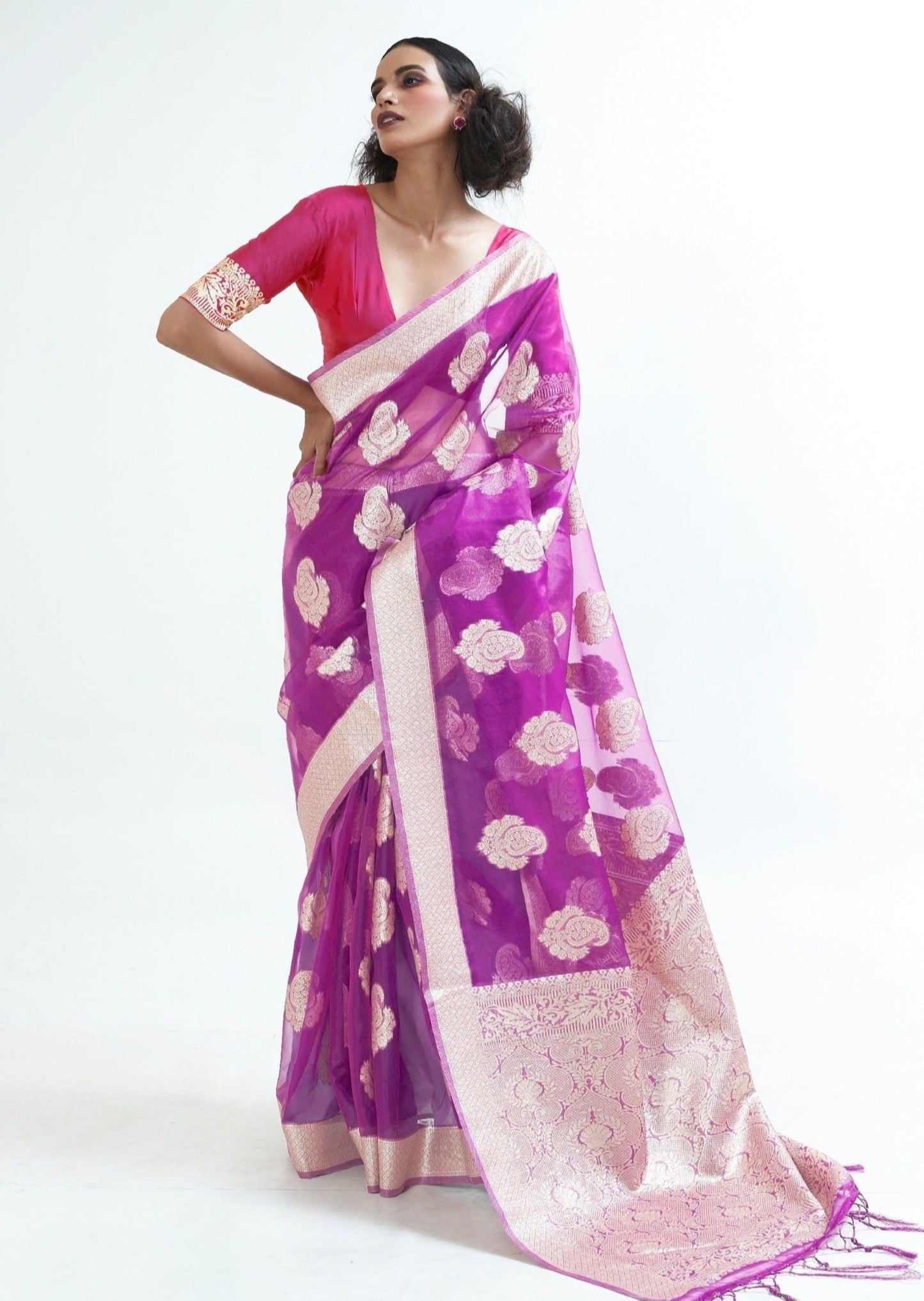 Magenta pink pure handloom organza saree online shopping for wedding.