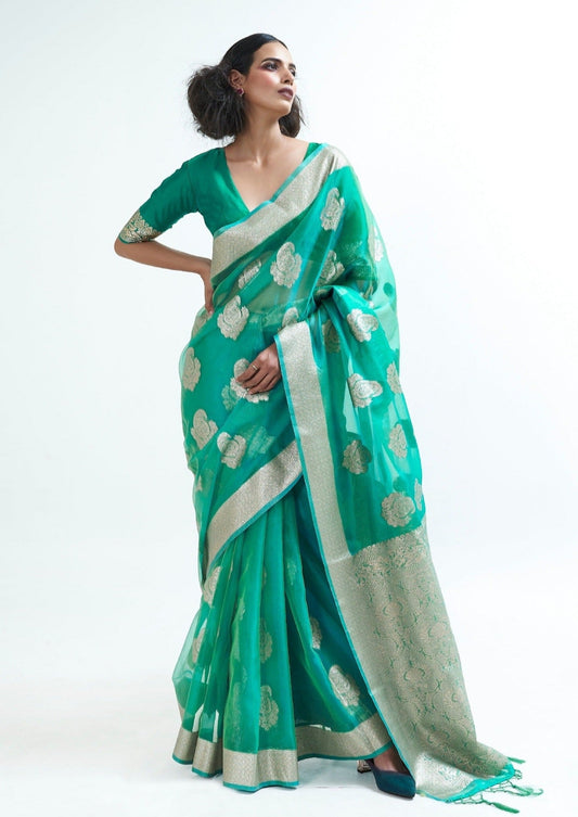 Organza silk handloom green saree online.