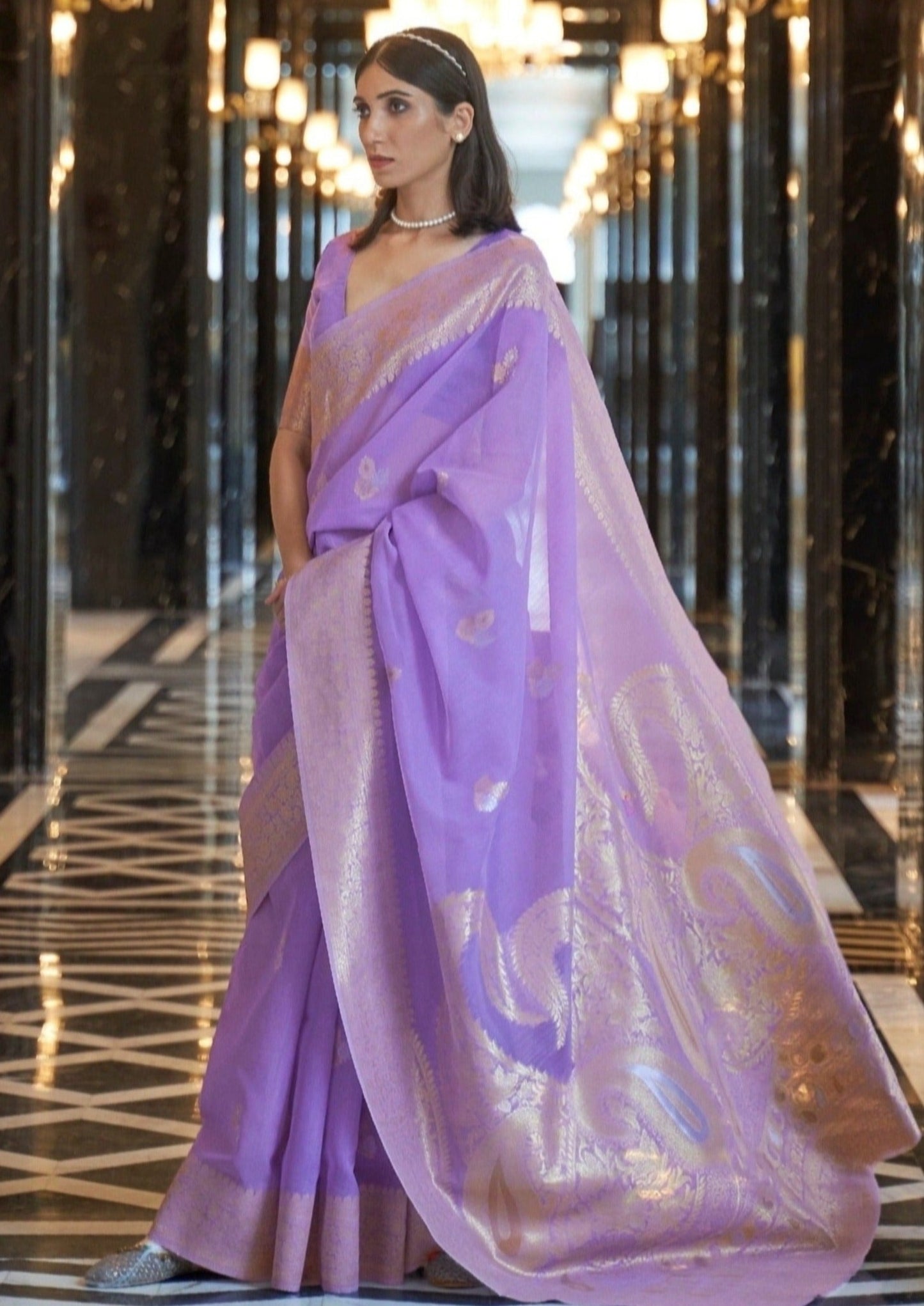 Pure linen handloom saree online shopping purple color.