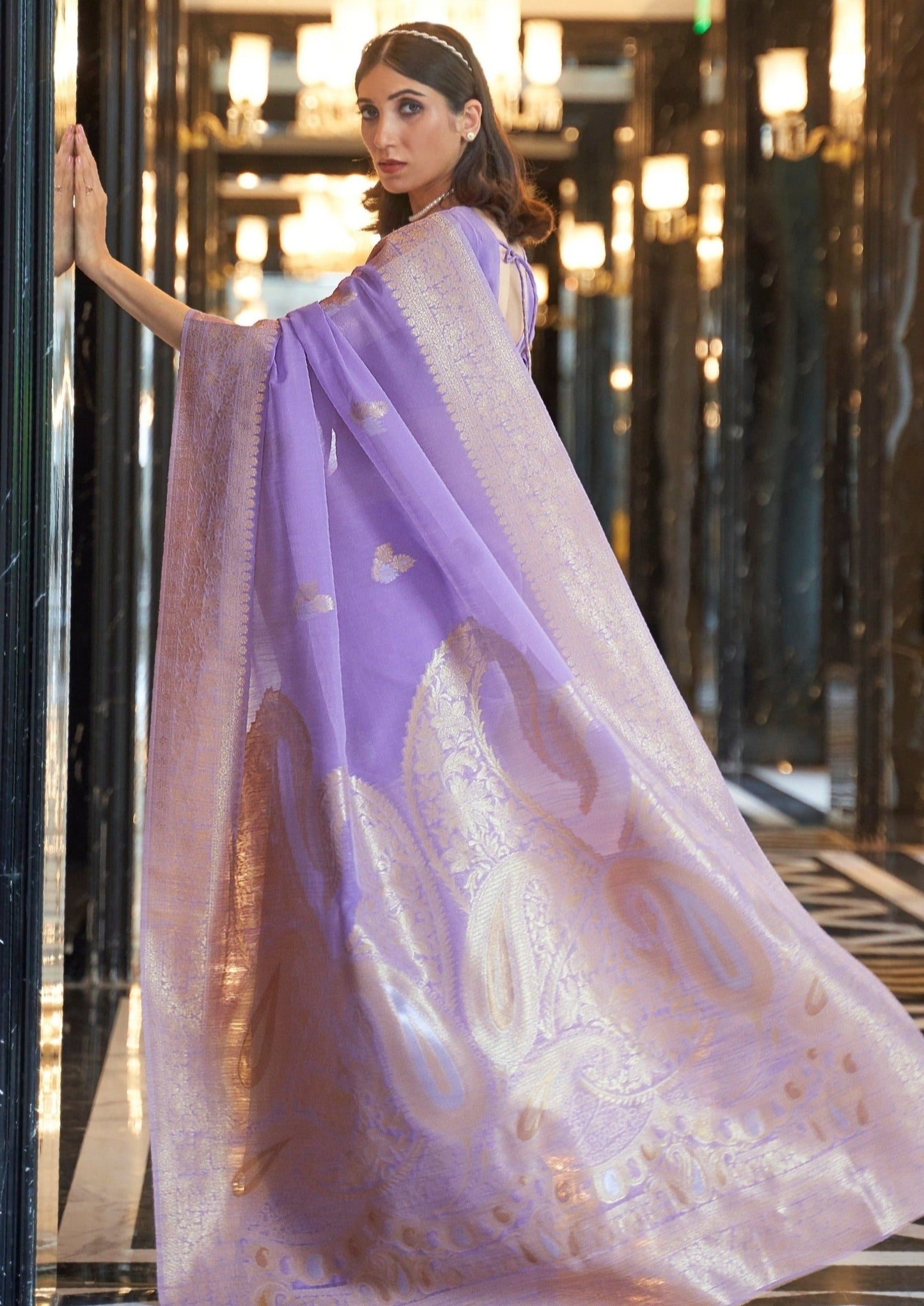 Pure banarasi linen saree online shopping for wedding.