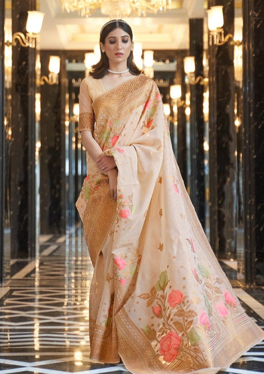 Pure linen saree online shopping with price in beige color.