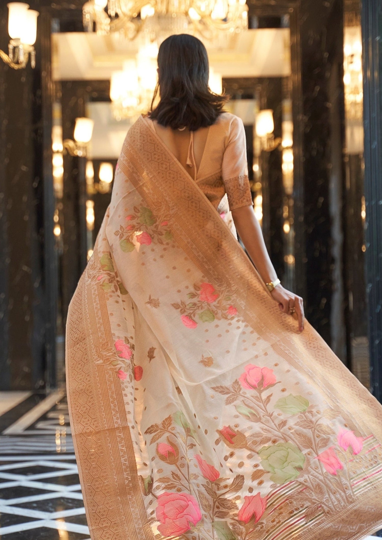 Pure linen saree online with zari work border.