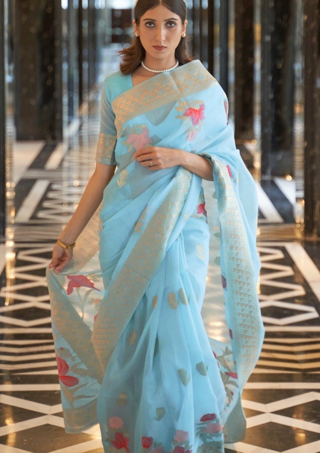 Pure linen pastel blue saree with zari border online price.