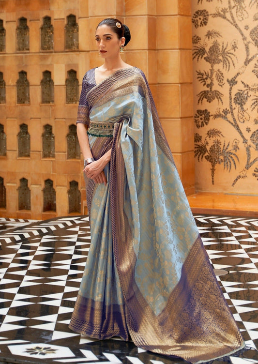 Handloom kanjivaram pure silk blue saree online shopping price.