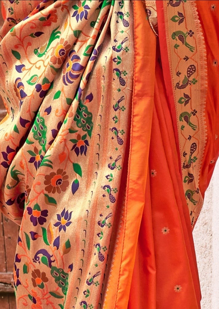 Shrisha Paithani Silk Saffron Orange Saree