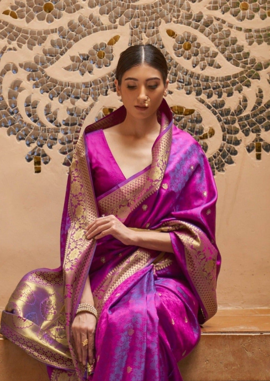Pure Kanjivaram Silk Magenta Pink Handloom Saree with Zari Border