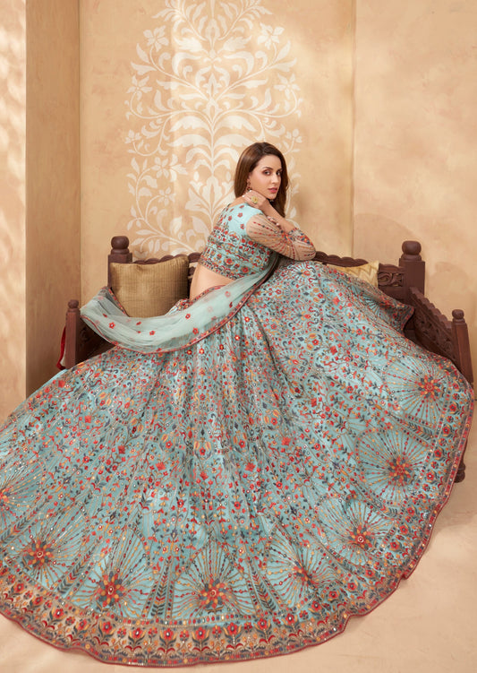 Aqua blue net bridal lehenga