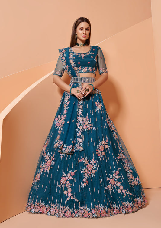 Cerulean Blue Designer Net Lehenga