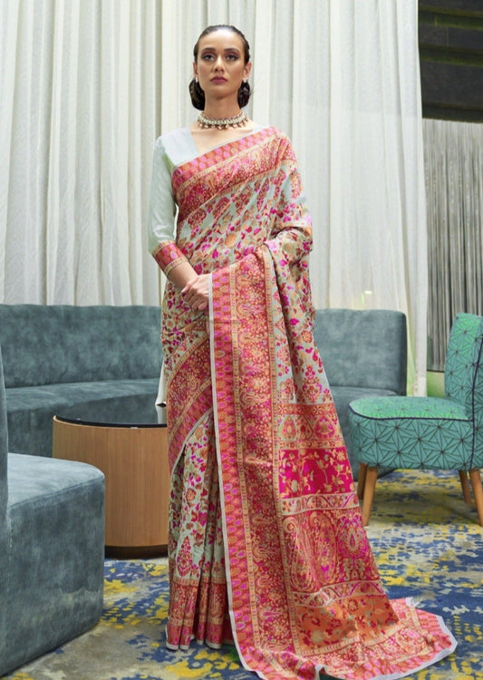 Pure Kashmiri Silk Pastel Blue Handloom Saree