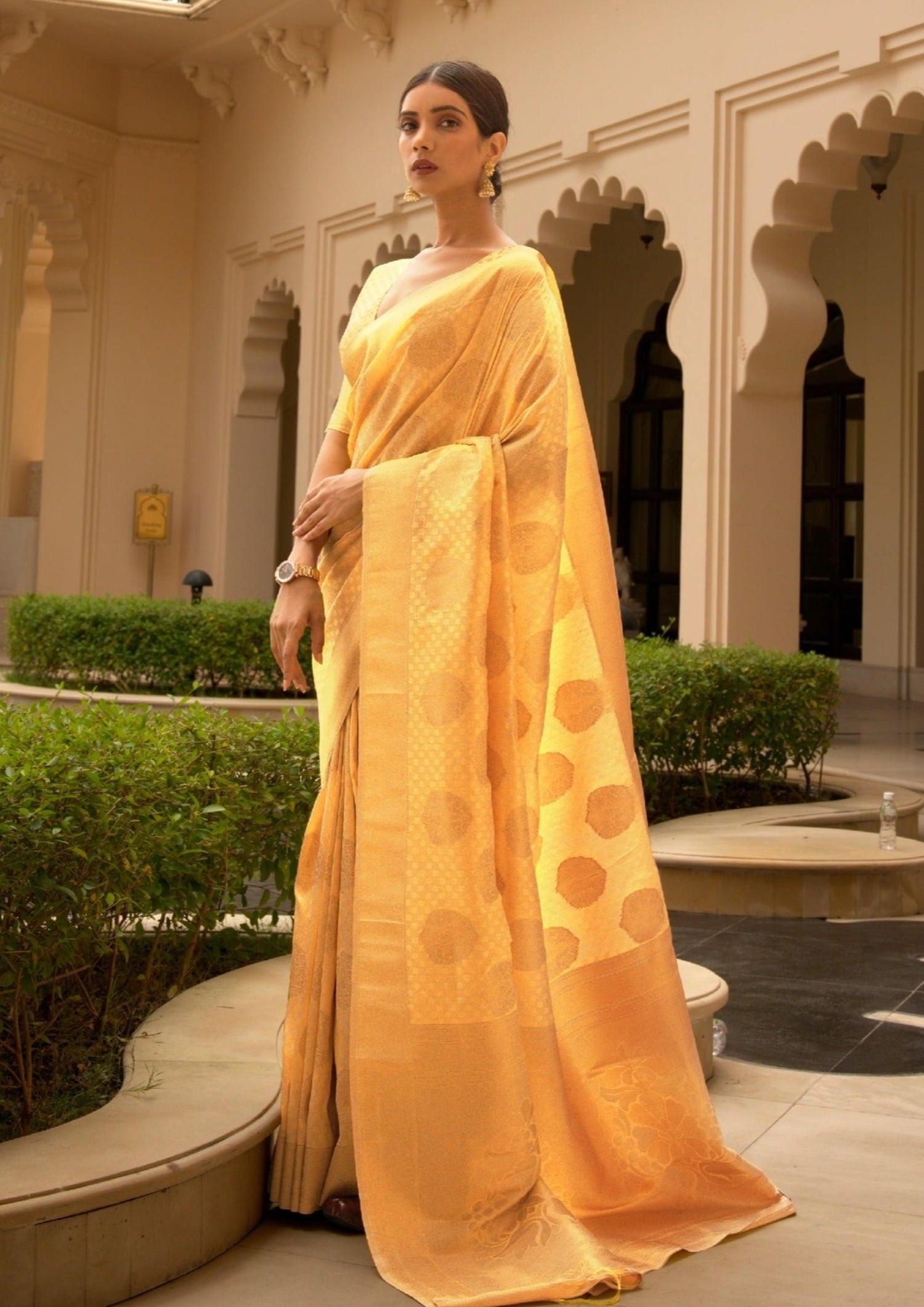 Photo of sister of the bride in yellow striped saree on mehendi | Haldi  outfits, Bridal outfits, Saree designs party wear