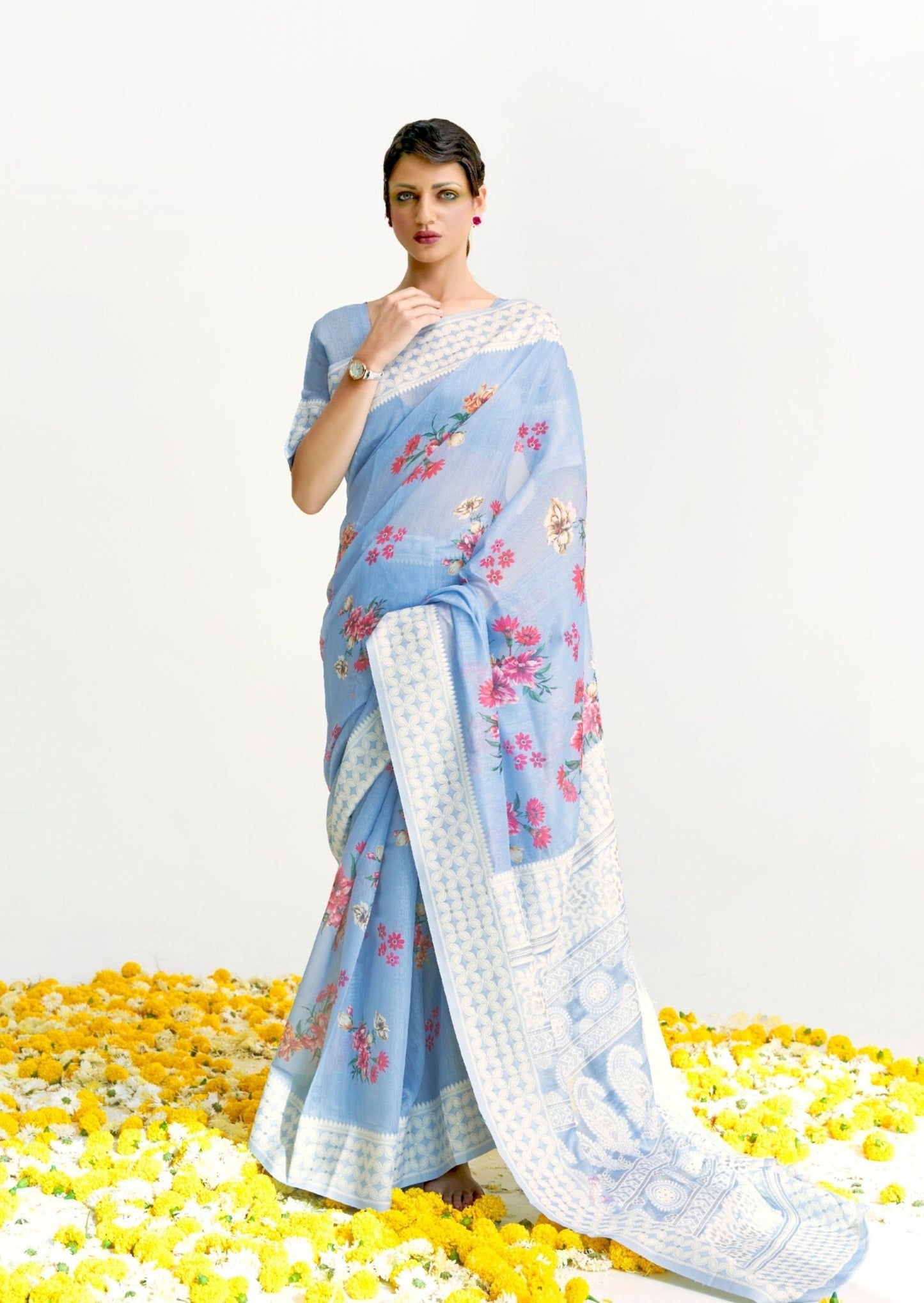 Lucknowi Chikankari Digital Print Sky Blue Saree