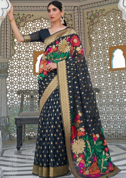Pure Linen Black Handloom Saree