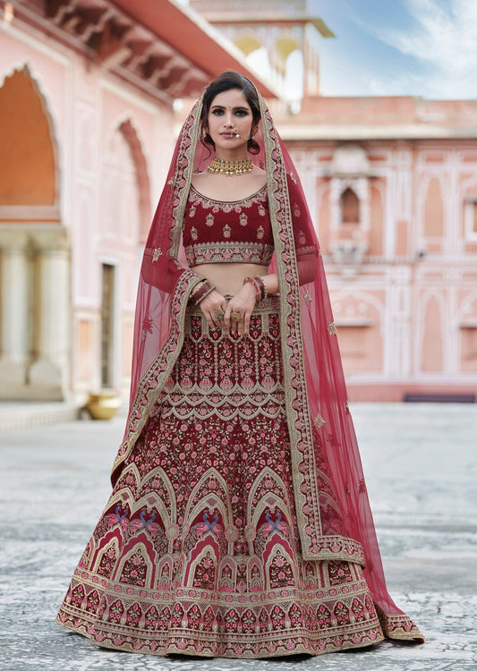 Peacock Design Maroon Bridal Lehenga Choli With Dupatta