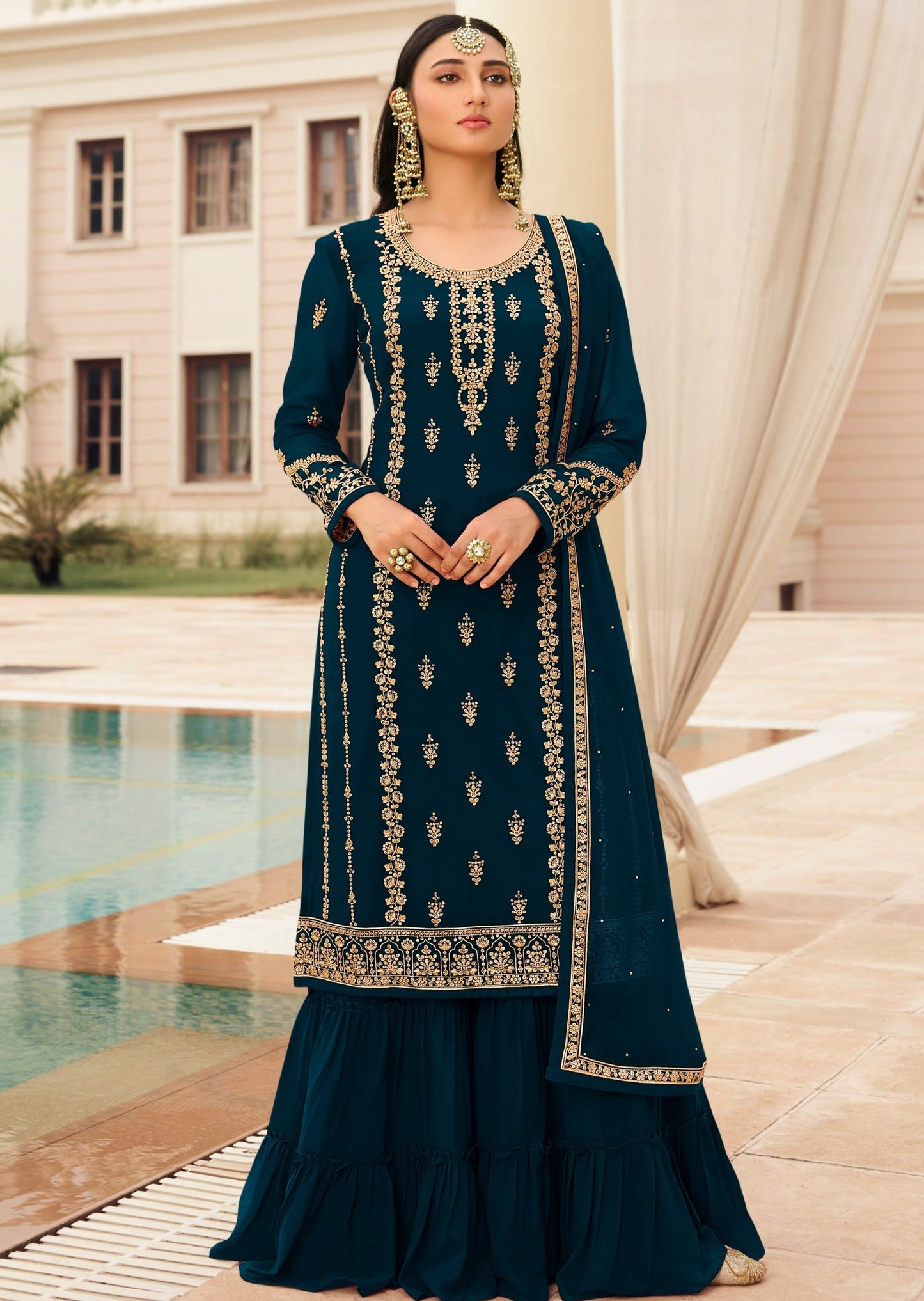 Semi Stitched Georgette Teal Blue Salwar Suit