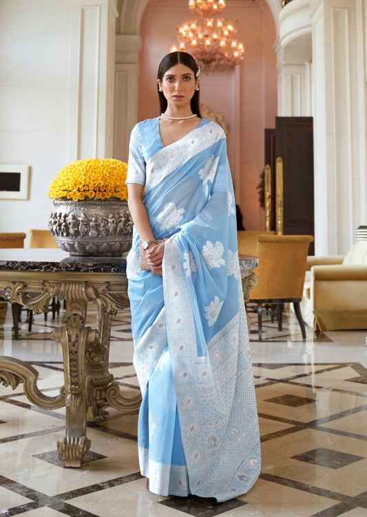 Lucknowi Chikankari Sky Blue Saree