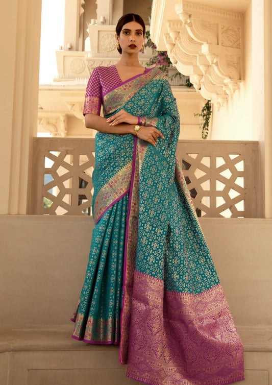 Banarasi Silk Teal Blue Handloom Saree