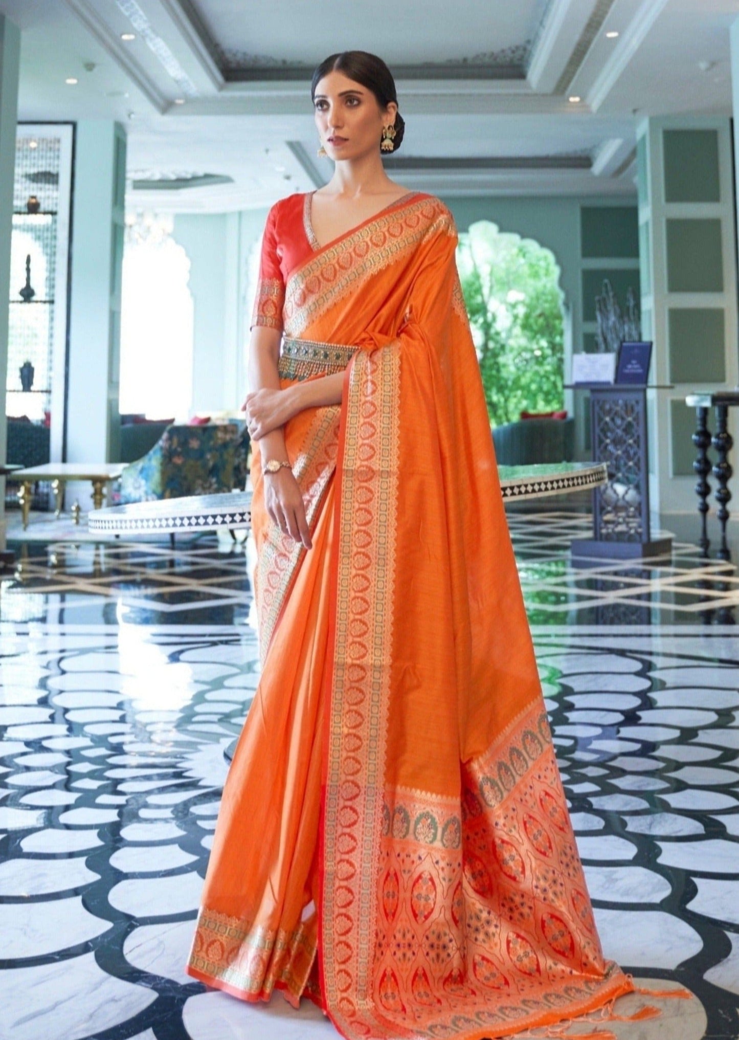 Orange silk saree for wedding online shopping.