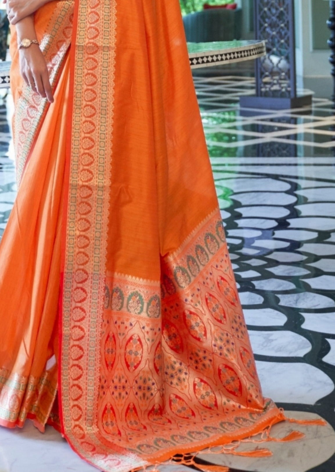 Pure Banarasi Tussar Silk Saffron Orange Handloom Saree