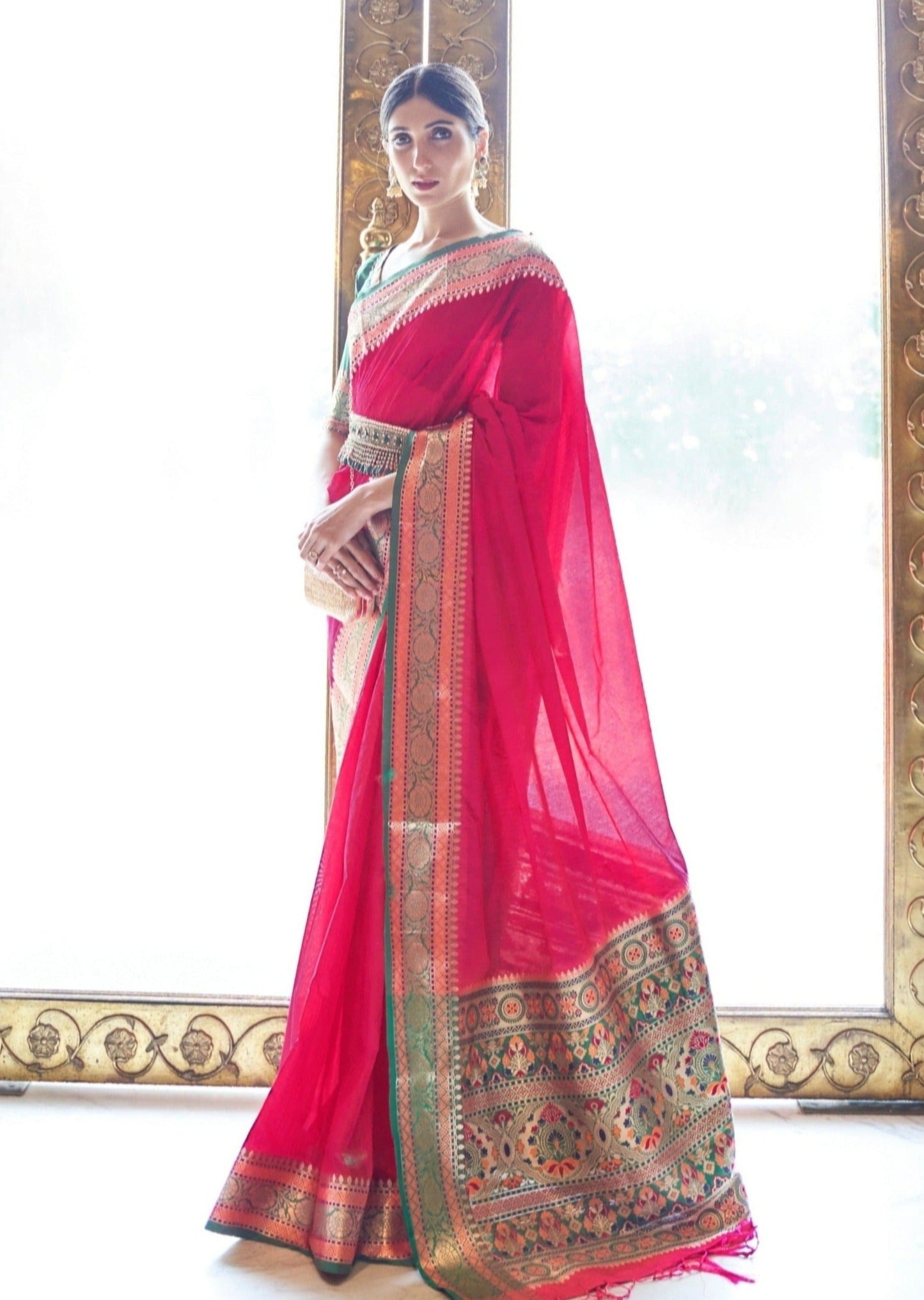 Pure Banarasi Tussar Silk Rose Red Handloom Saree