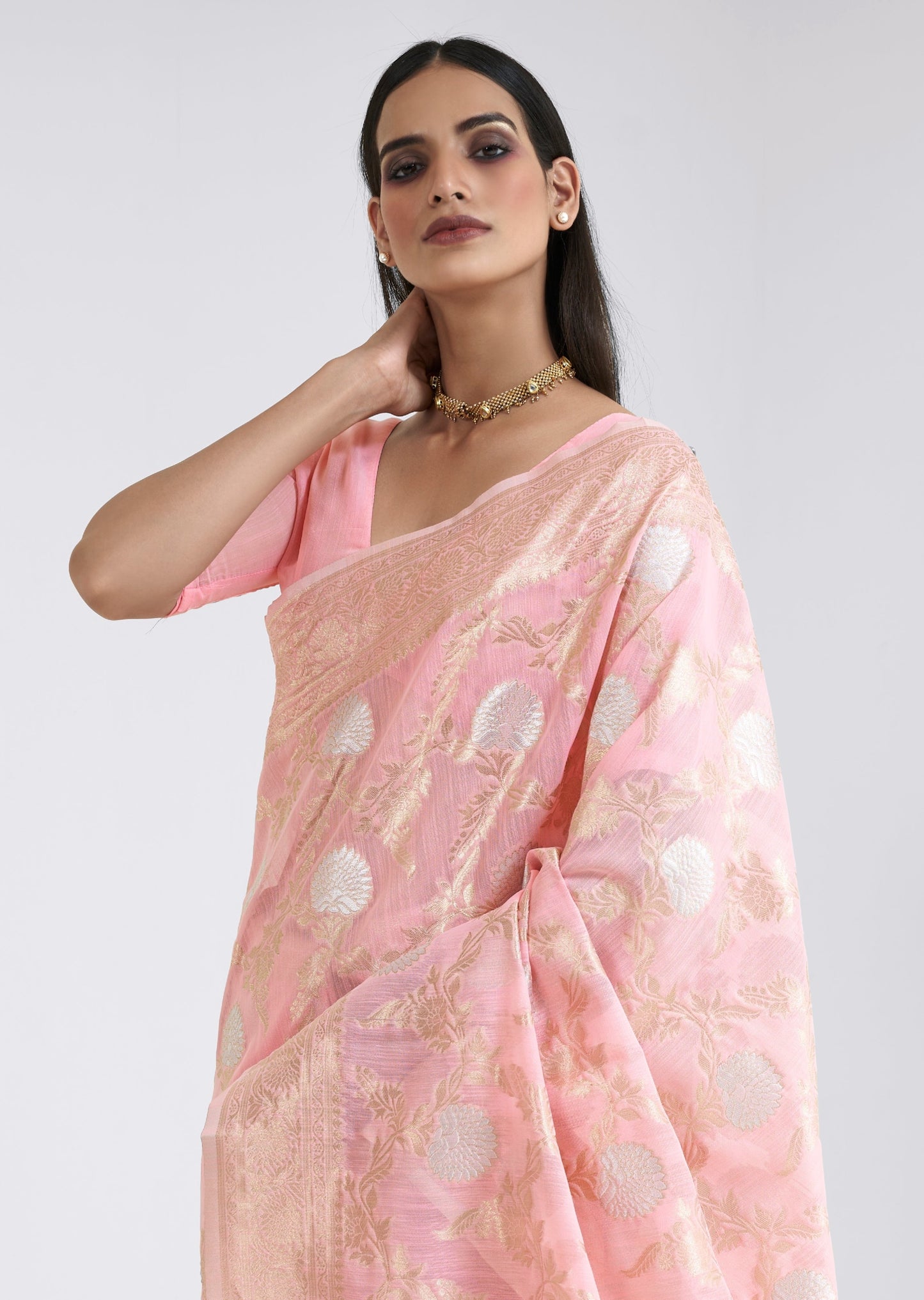 Pure Linen Powder Pink Handloom Zari Saree