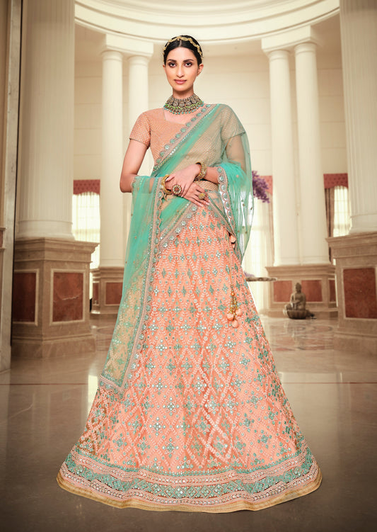 Designer Peach Bridal Lehenga Choli With Dupatta