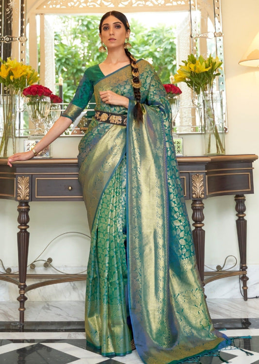 Green Kanjivaram silk bridal handloom saree online usa price.