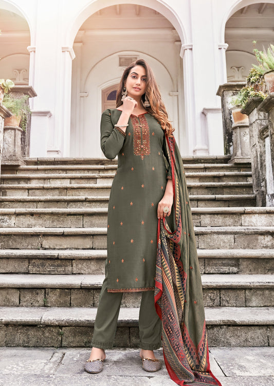Pure Muslin Olive Green Salwar Suit