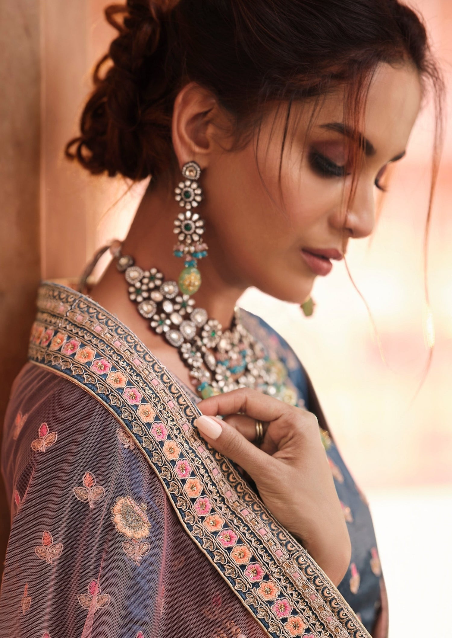 Photo of dusty peach engagement lehenga with sequin work