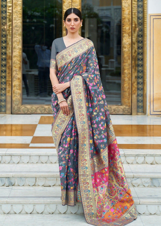 Kashmiri Jamawar Silk Grey Pashmina Saree