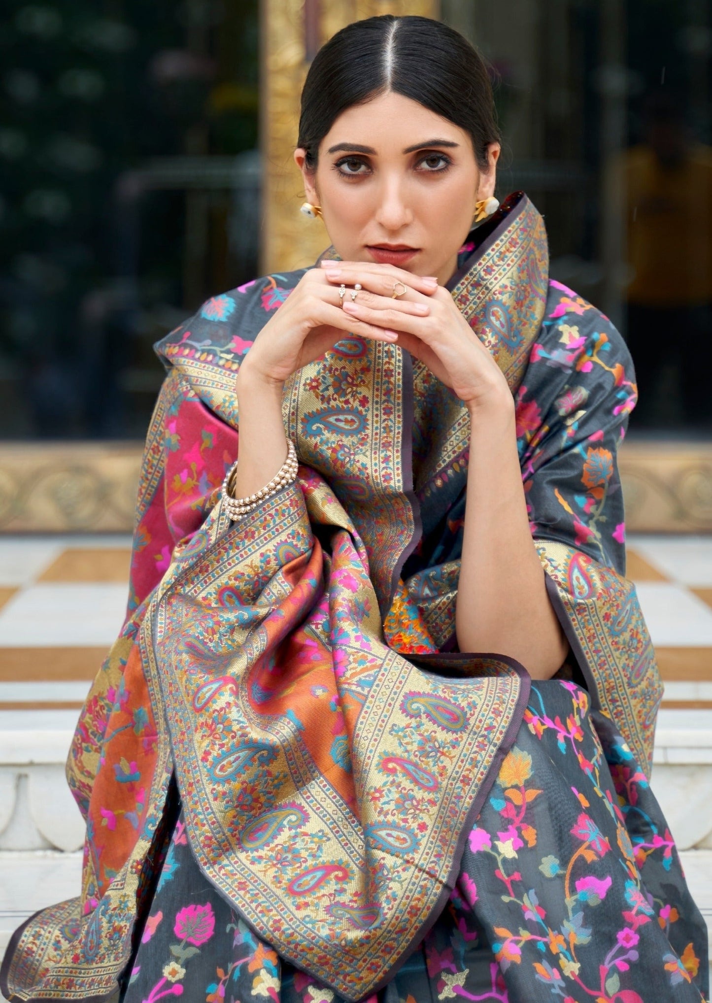 Kashmiri Jamawar Silk Grey Pashmina Saree