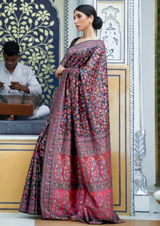 Kani jawawar sareein black colour online shopping for kashmiri wedding.