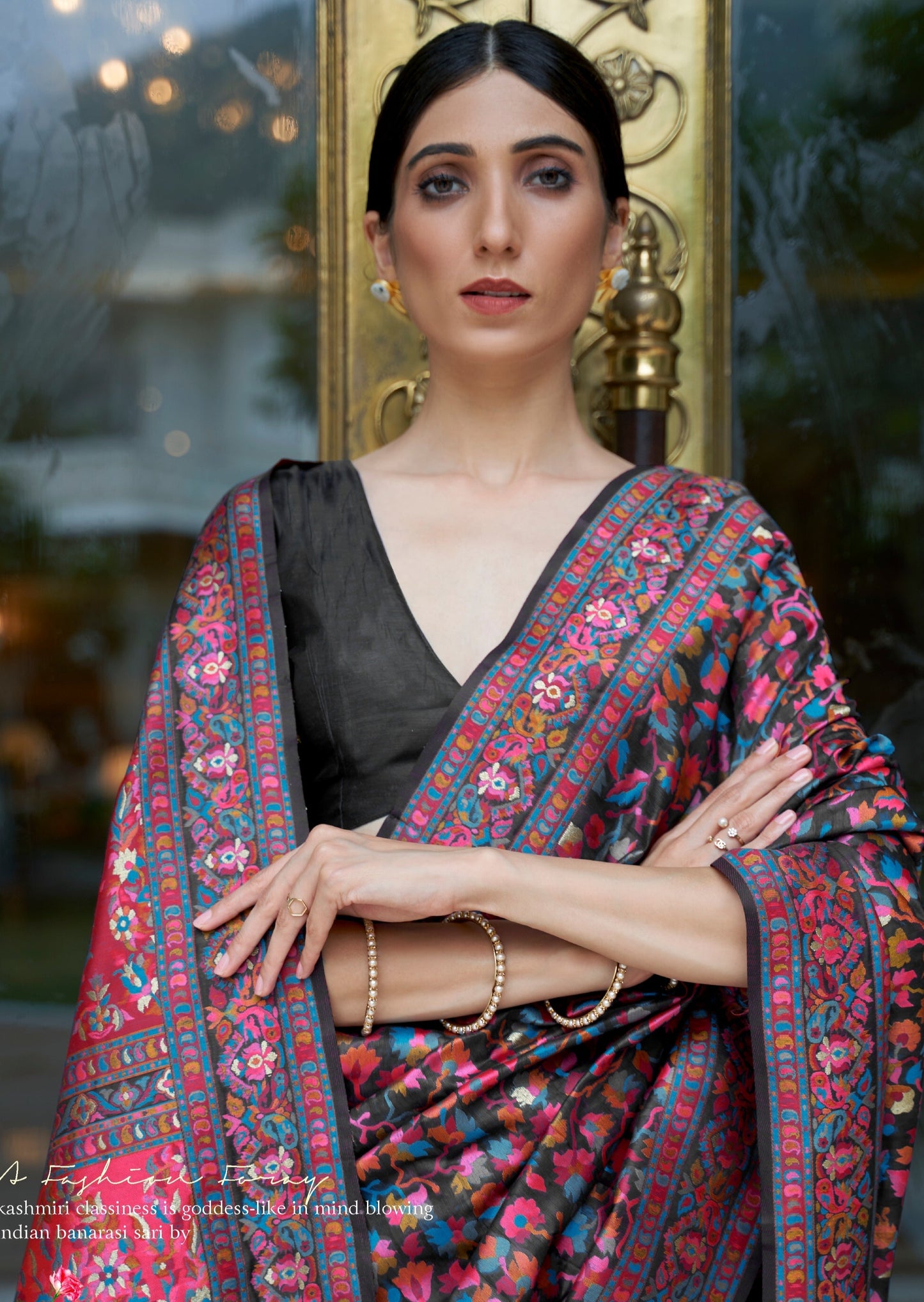 Kashmiri Jamawar Pure Silk Ink Black Saree