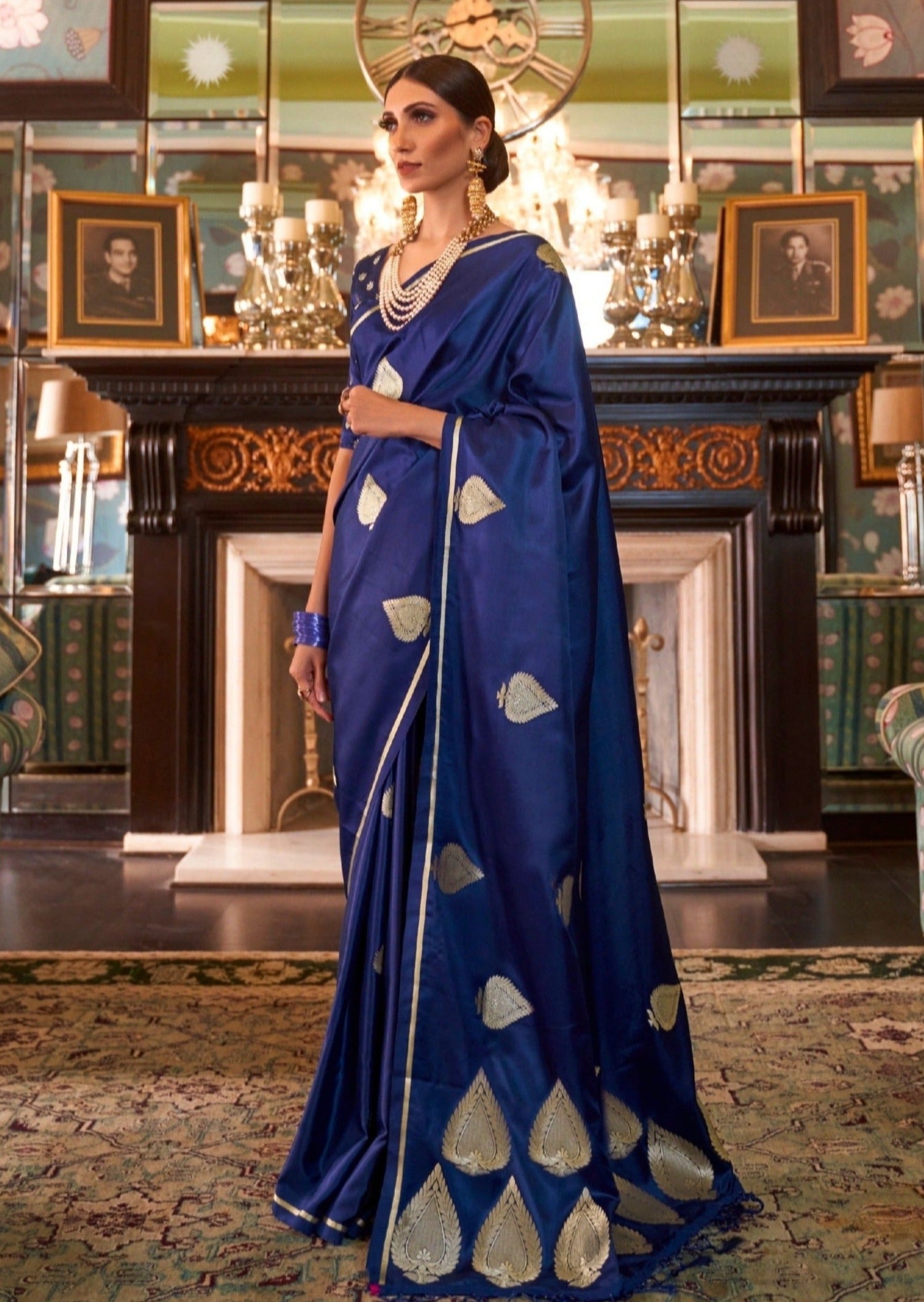 Glass Silk Party Wear Saree In Royal Blue Color
