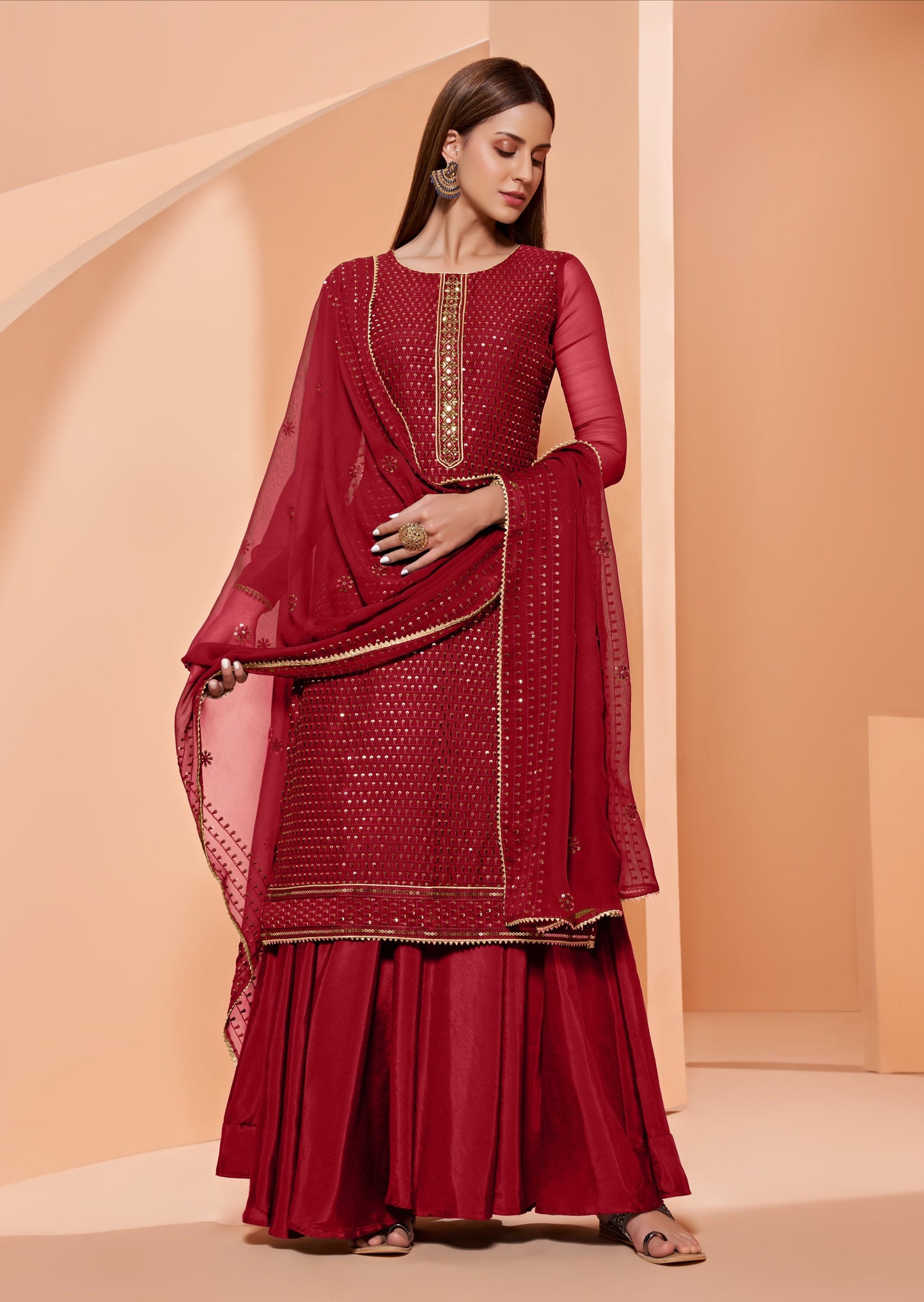 Semi-stitched Red Sharara Suit