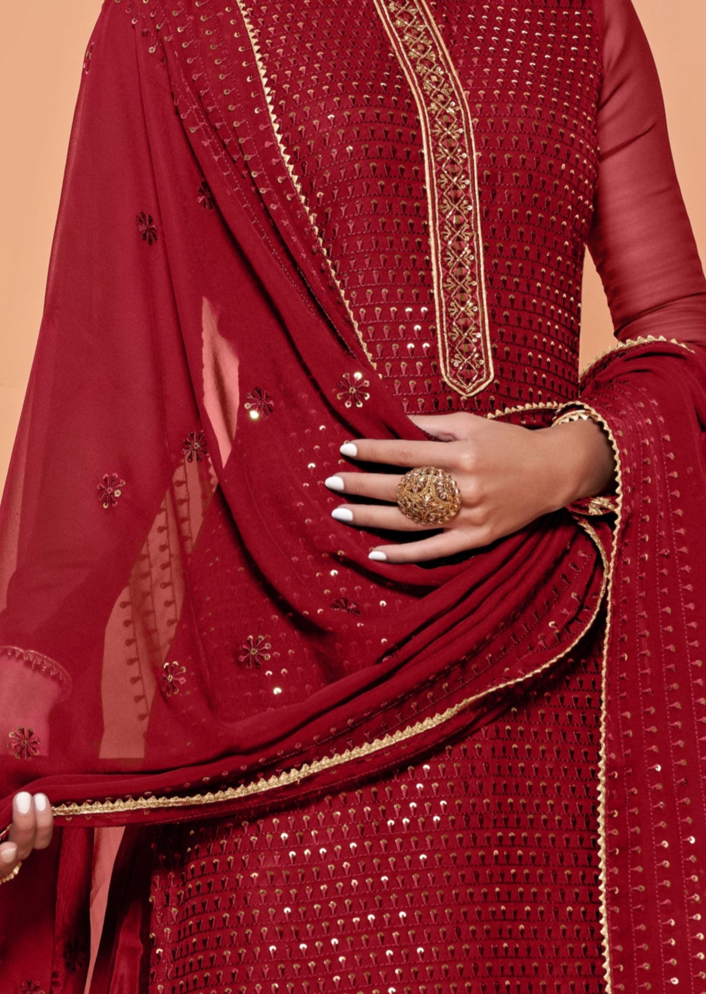 Semi-stitched Red Sharara Suit