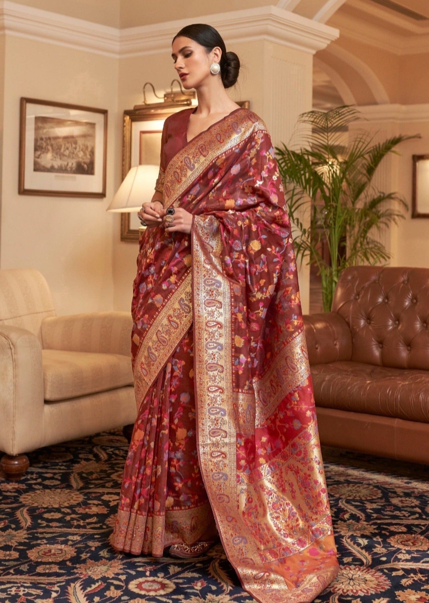 Shop Kashmiri Pashmina Maroon Red Bridal Handloom Silk Saree